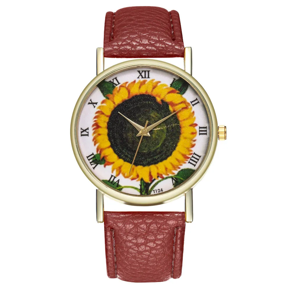 

2019 New Women's Leather Watch #T124 Simple Roman Digital Scale Sun Flower Stamp Alloy Dial Quartz Watch Wrist Accessories a50