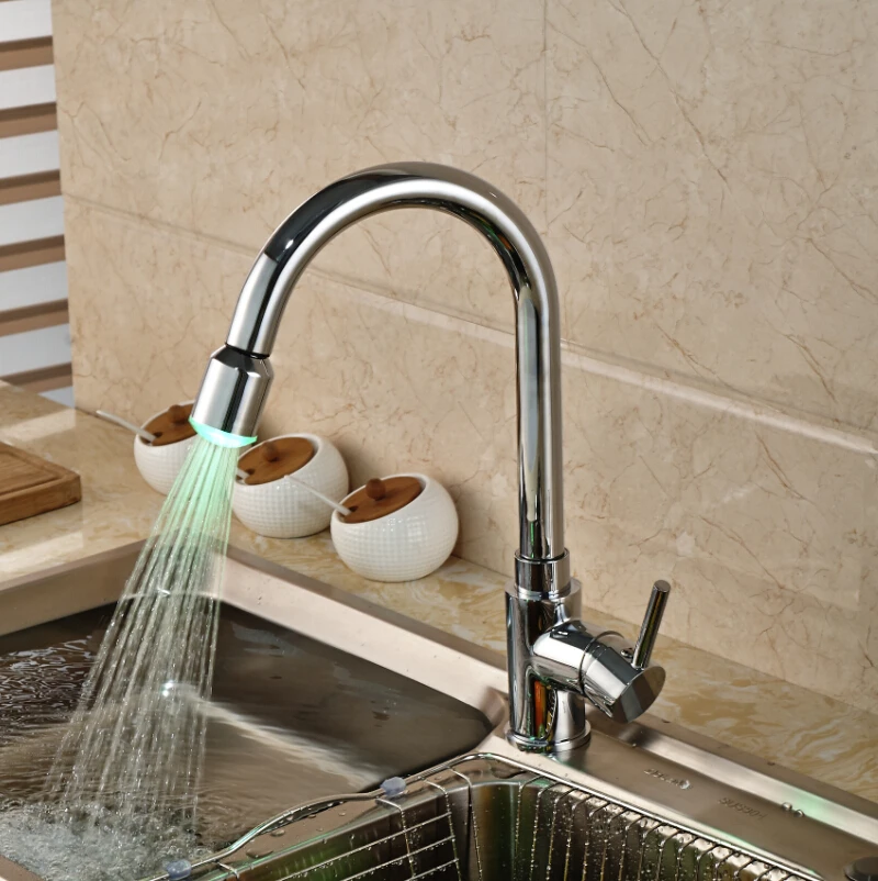 

Polished Chrome Pull Out LED Light Kitchen Sink Mixer Water Faucet Deck Mount Kitchen Hot and Cold Water Taps