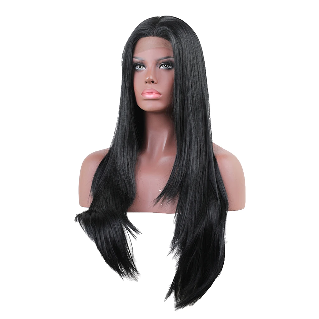 

28 Inch Women Wigs Black Long Straight Hairpieces Cosplay Lace Front Wig, Smoothly Flow and Silky