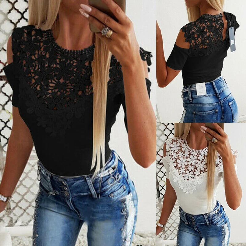 Women Summer Casual Slim T-Shirt Sexy Cold Shoulder Lace Tops Women's Clothes Elegant Ladies Fashion Tunic Shirt Black White