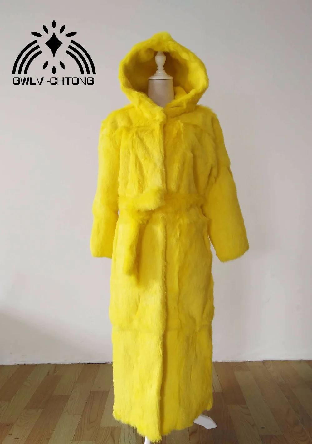 

real genuine natural rabbit fur coat with hood women X-long fashion jacket custom any size any color