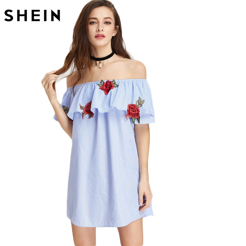 Aliexpress.com : Buy SHEIN Blue Off Shoulder Dress Embroidered Rose ...