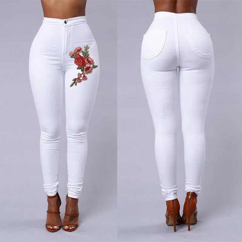 

New Fashion Women High Waist Skinny Stretch Pencil Pants Long Slim Trousers Floral Embroidery Skinny Jeans