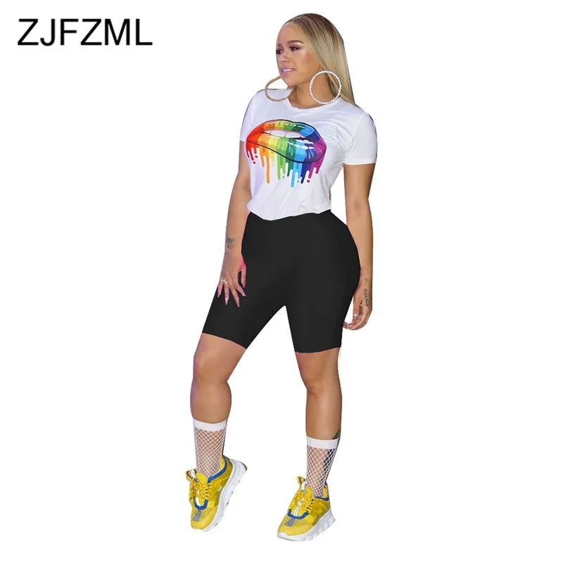 

Rainbow Lips Print Sexy Two Piece Set Clothes For Women O Neck Short Sleeve T Shirt And Biker Shorts Suit Summer 2 Piece Outfit