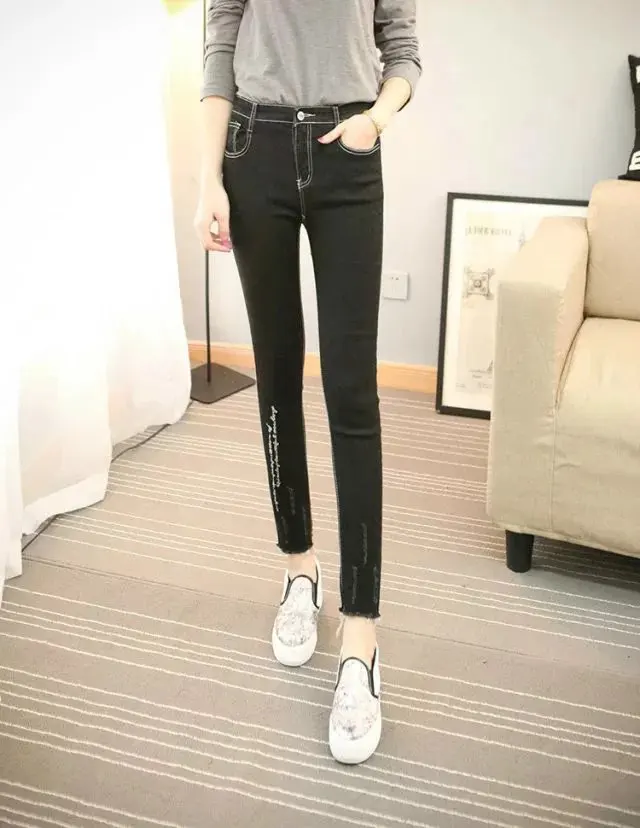 Модные женские Новые однотонные джинсы в корейском студенческом стиле женские брюки стрейч обтягивающие женские узкие брюки карманные