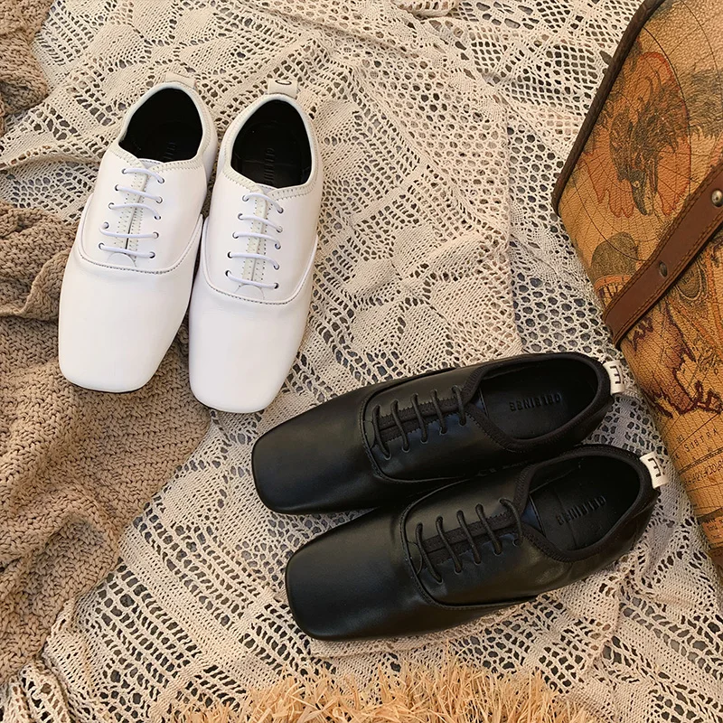 

Soft Leather Comfortable Women Shoes Square Toe Lady Shoes Lace Up Low Top Flats Woman Zapatos Mujer Brand Chic Loafers Women