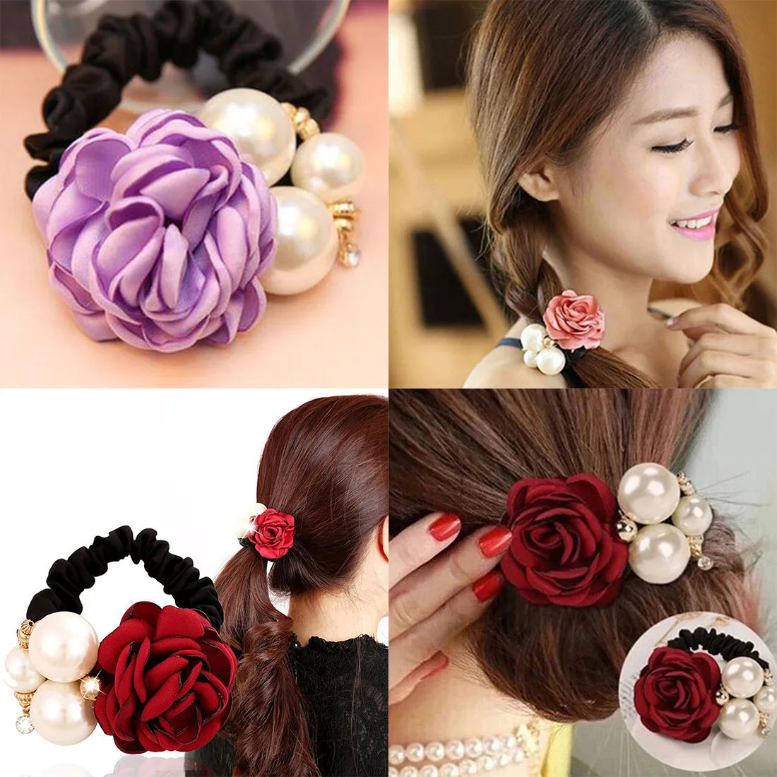 

Pearls Beads Rose Flower Hair Band Rope Scrunchie Ponytail Holder Girls Headdress Hair Ropes