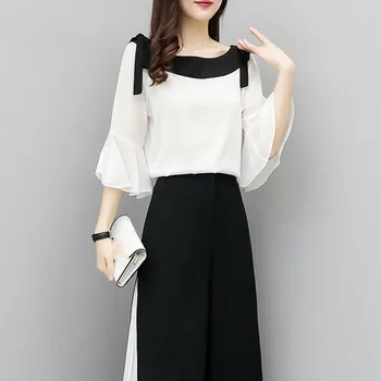 

2019 New Fashion Summer Set Wide Leg Pants Chiffon Suit Two Piece Set Three Quarter Flare Blouse And Pant Suits