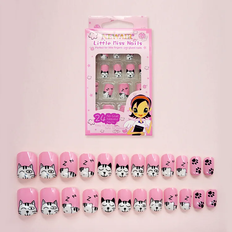 

New Cute Pink Cat Children Fake Nails 24 Pcs Pre-glue Press on False Nail Tips Nail Cats Embellishment with box