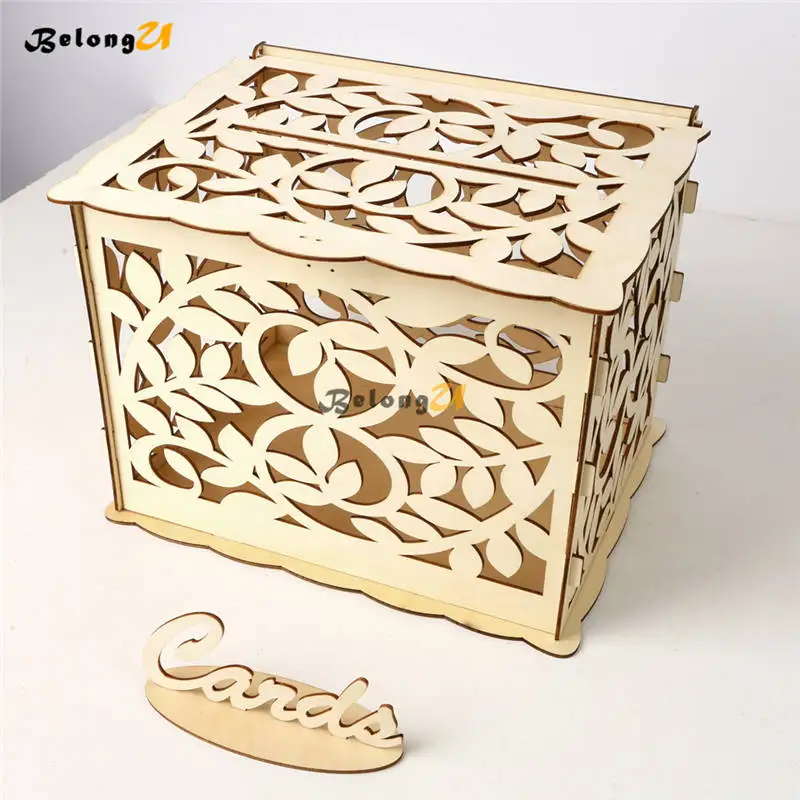 

Wood DIY Wedding Keepsake Box Party Decor Wedding Gift Card Holder Box Wooden Money Box With Lock Carving Wedding Decoration