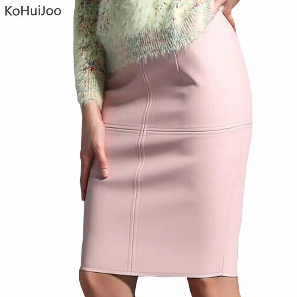 KoHuiJoo, сексуальная кожаная юбка, для женщин, тонкая, одноцветная, юбка-карандаш, для девушек, высокая талия, длина до колена, синий, розовый, искусственная кожа, юбка, черный, красный