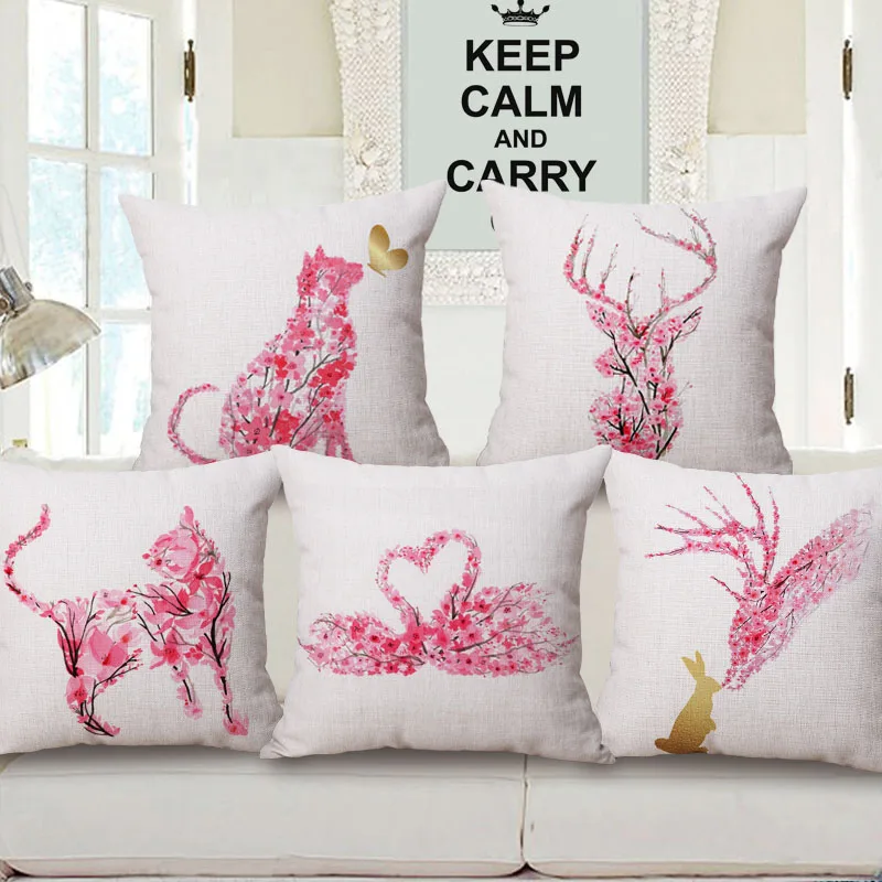 Swan Deer Lion Cushion Cover Pink Wintersweet Flower Pillow Covers Thin Linen Cotton Pillow Cases 45X45cm Bedroom Sofa Decor 95g
