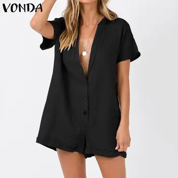 

Casual Short Pants Women Rompers VONDA 2020 Summer Sexy V Neck Short Sleeve Playsuits Plus Size Overalls Loose Trousers Jumpsuit