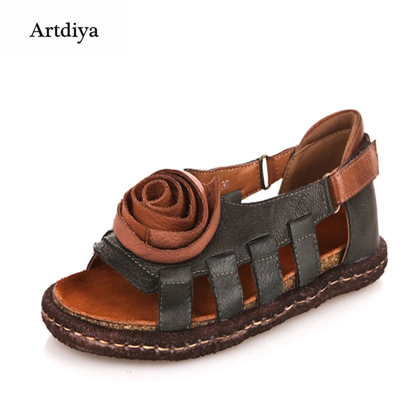 Artdiya/Винтажные кожаные сандалии ручной работы; Национальный тренд; женская обувь; обувь с цветочным узором; Удобные Свободные сандалии на мягкой подошве