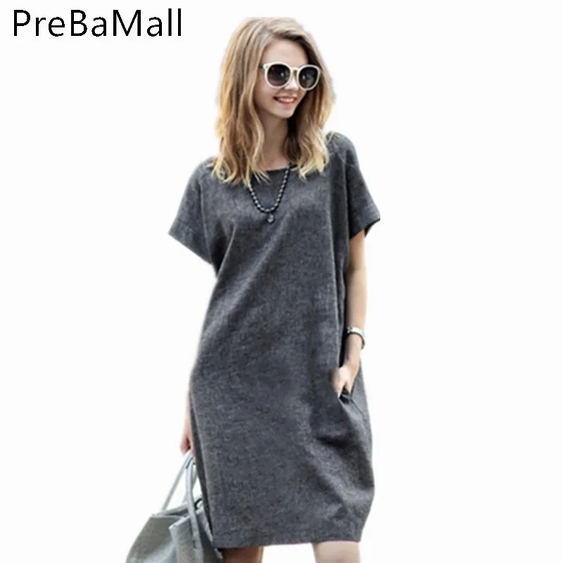 2019 Fashion Summer Dress Women Solid Linen Elegant Short Sleeve Loose Loose Dresses Grey Streeetwear Vestidos Hot Sale C193