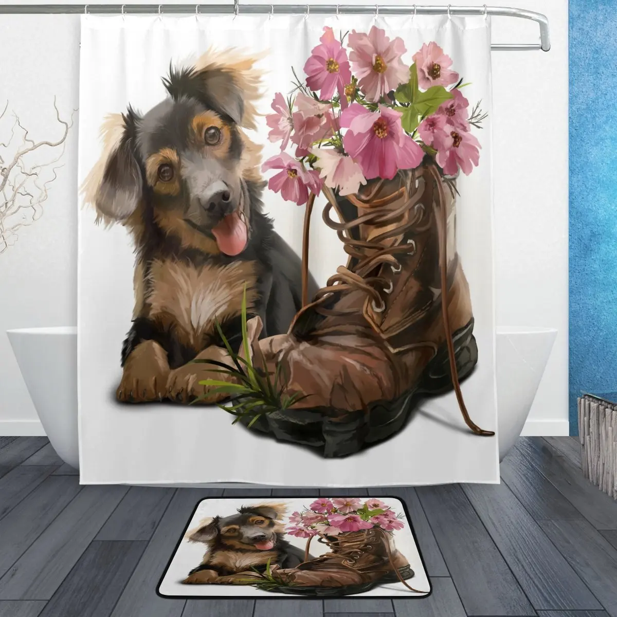 Funny Puppy Animal Shower Curtain and Mat Set, Dog Pet Floral Flower