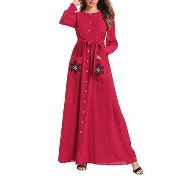 

Plus Size 2019 Women Fashion O-neck Long Sleeve Embroidered Button Front Neck Pockets Maxi Shirt Dress With Belt