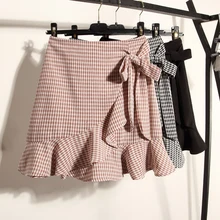 Женская клетчатая труба/Русалка оборки юбки лето новые женские выше колена мини империя талии офисные женские короткие юбки