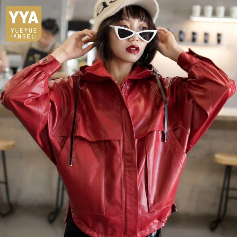 

2019 Red Loose Women SheepSkin Coat Punk Jacket Real Leather Jackets Zipper Female Hooded Biker Jacket Short Windproof Outwear