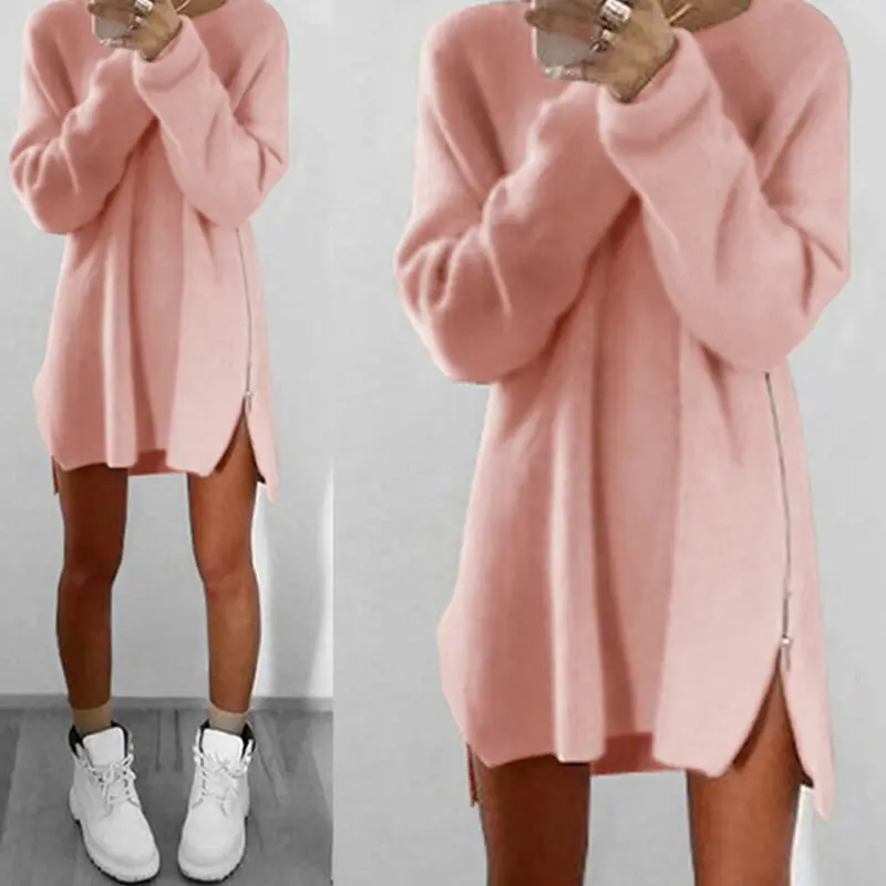 

Autumn Winter Women's Sweater Winter Keep Warm Long Sleeve O-neck Female Sweaters Loose Style Zipper Solid Color Hot