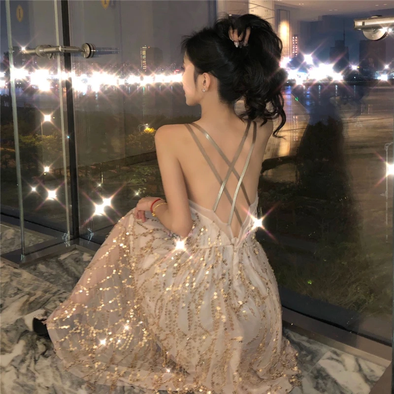 

2019 Summer New V-neck Off Shoulder Party Dress Women Slim Fashion Sequined Spaghetti Strap Sexy Dresses Clothing Club Vestidos