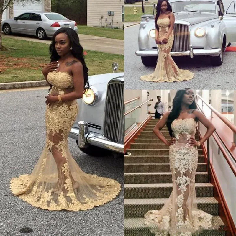 Long Prom Dresses 2017 Sexy Sweetheat Lace Applique Floor Length African Backless Champagne Beading Mermaid Dress | Свадьбы и