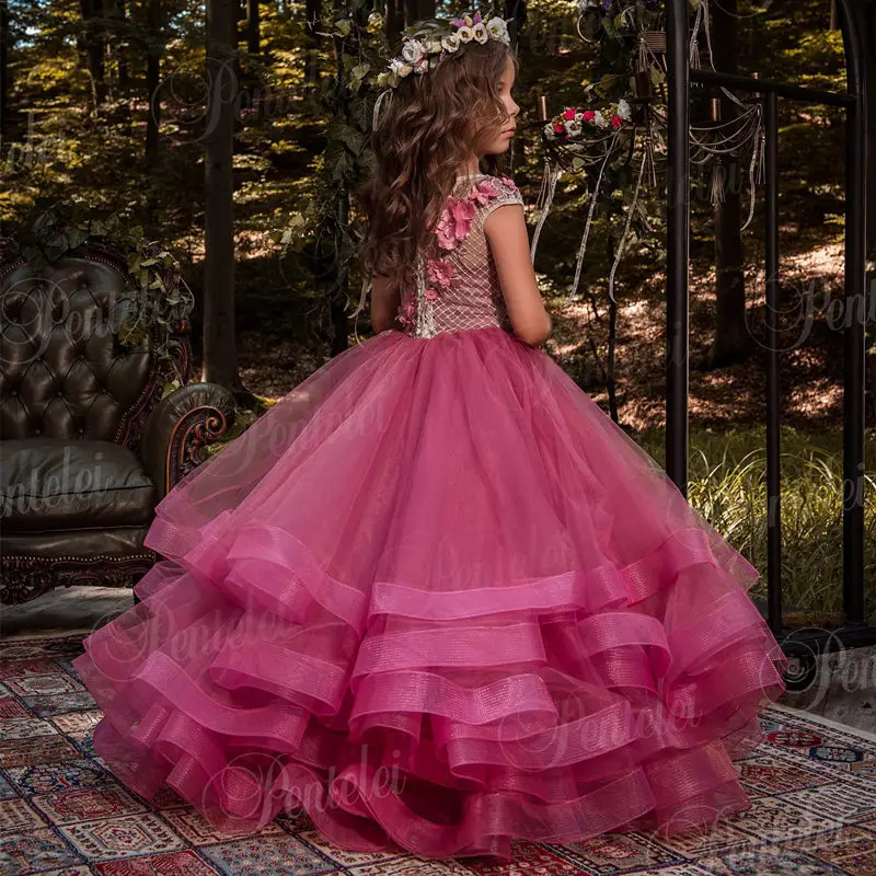

Formal Pinks Ruffle Lace Applique Tulle Layering Flower Girl Dresses for Wedding Birthday Princess Party Dress
