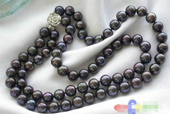 

FREE SHIPPINGp1737 2ROW 11mm BLACK ROUND FRESHWATER PEARL NECKLACE 925Ss