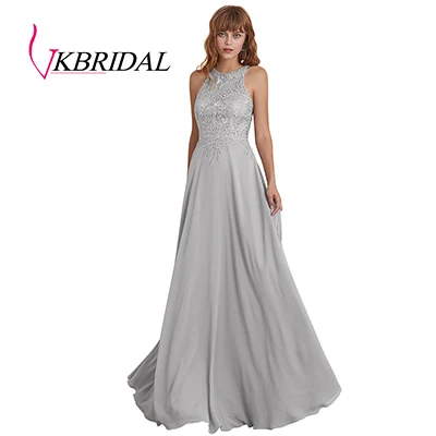 VKbridal шифоновое платье для подружки невесты длинное кружево с бисером кристалл свадебные праздничные платья иллюзия халат hond'honneur - Цвет: Silver