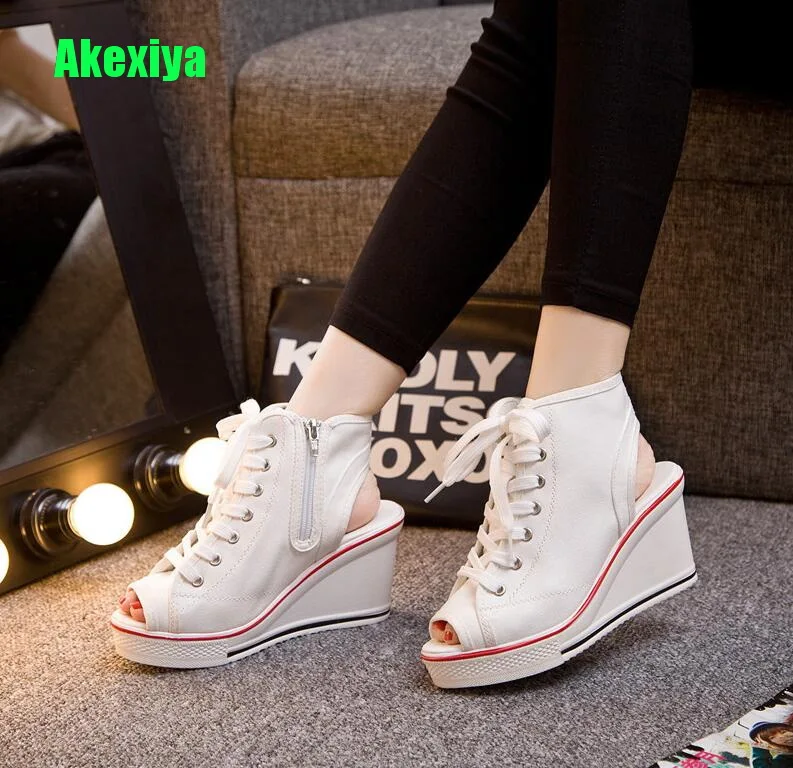 

Fashion High Top Wedges Platform Sneakers Women 2019 Canvas Shoes White Casual Shoes Woman Trainers Chaussure Femme Size 41 42