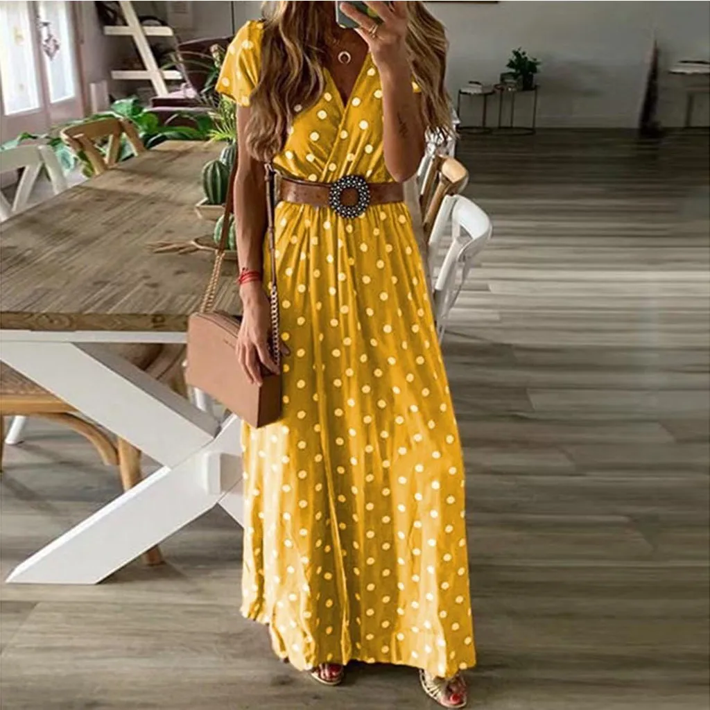 

Women Summer Sexy Dress Casual High Waist Bohe Dot Print V Neck Split Party Club Party Long Dresses Summer Dress 2019 vestidos