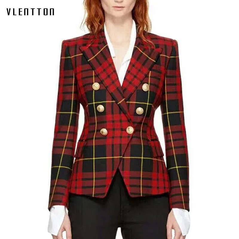 

2018 Spring New Jacket Women Metal Lion Buttons Double Breasted Plaid blazer feminino