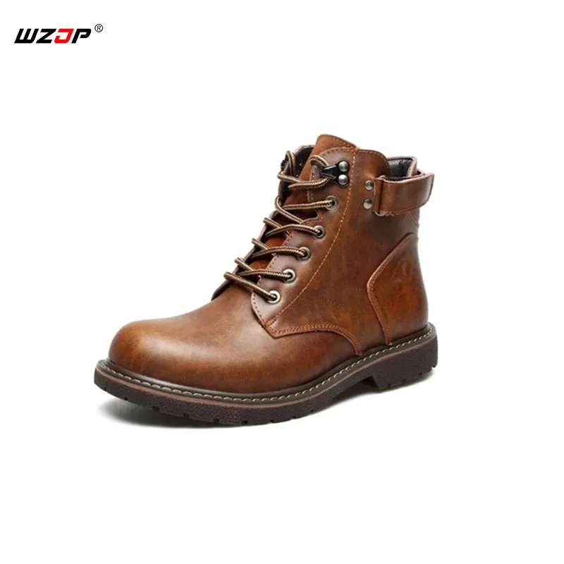 

WZJP Outdoor Tactical Martin Boots High Quality Leather Lace-up Military Shoes Waterproof Hiking Shoes Brown/Black