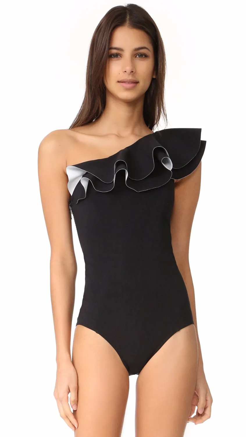 Women Layered Ruffle One Shoulder One Piece Swimsuit In Black Sexy 