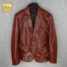 Модный мужской пиджак из натуральной овечьей кожи, винтажный однобортный пиджак в полоску, офисный Мужской Блейзер Cuir Homme