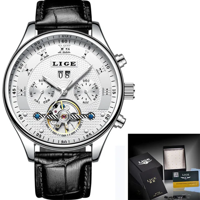 LIGE Fashion Sports Watch Men Business Leather Clock Mens Watches Top Brand Luxury Automatic Mechanical Watch Relogio Masculino - Color: silver White leather