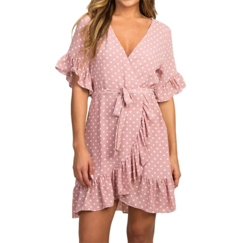 

2019 New V-Neck Short-Sleeved Polka-Dot Strap Ladies Chiffon Dress Sexy Ruffled Sleeve Dress