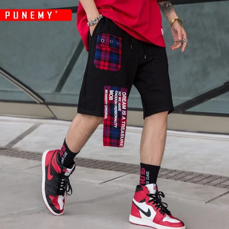 

Striped Plaid Patchwork Men Shorts Elastic Waist Drawstring Beach Shorts Hip Hop High Streetwear Joggers Male Shorts Trousers