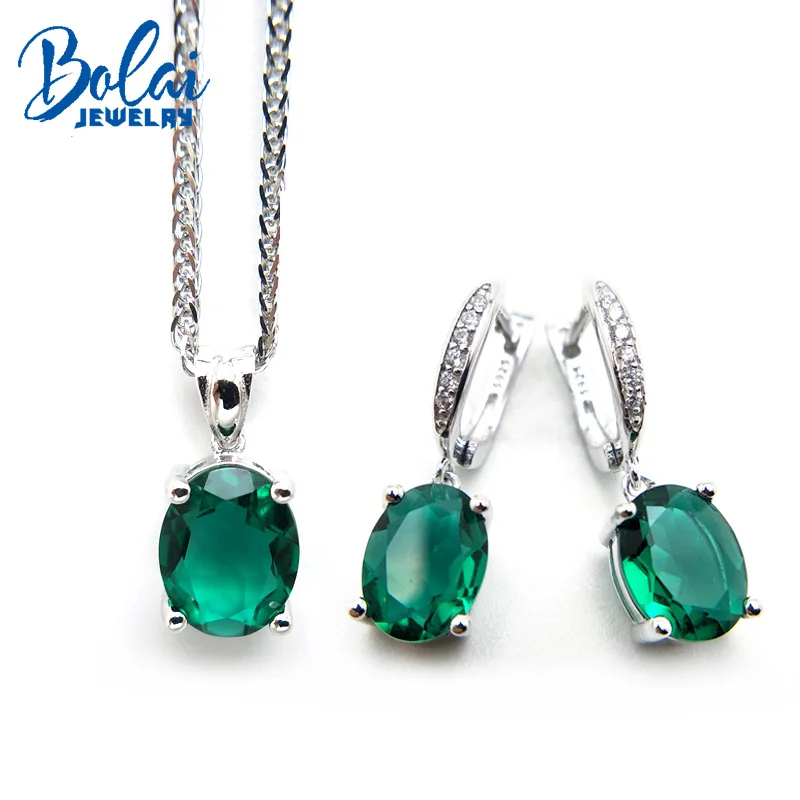 Jewelry Sets Bolai, деликатный нано изумруд, ювелирный набор из настоящего серебра 925 пробы, подвеска, ожерелье, висячие серьги, зеленый драгоценный камень, женский - Цвет камня: Jewelry Sets