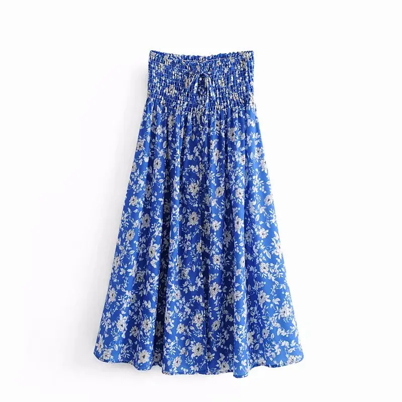 Женская милая длинная синяя юбка с цветочным принтом faldas mujer женский эластичный пояс шикарные юбки с бантом QUN339 - Цвет: as pic QUN339AAZZ