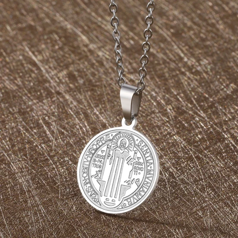 

San Benito Medal Cross Jesus Pendant Stainless Steel Saint Benedict Silver Link Chain Necklaces for Women Men Religious Jewelry