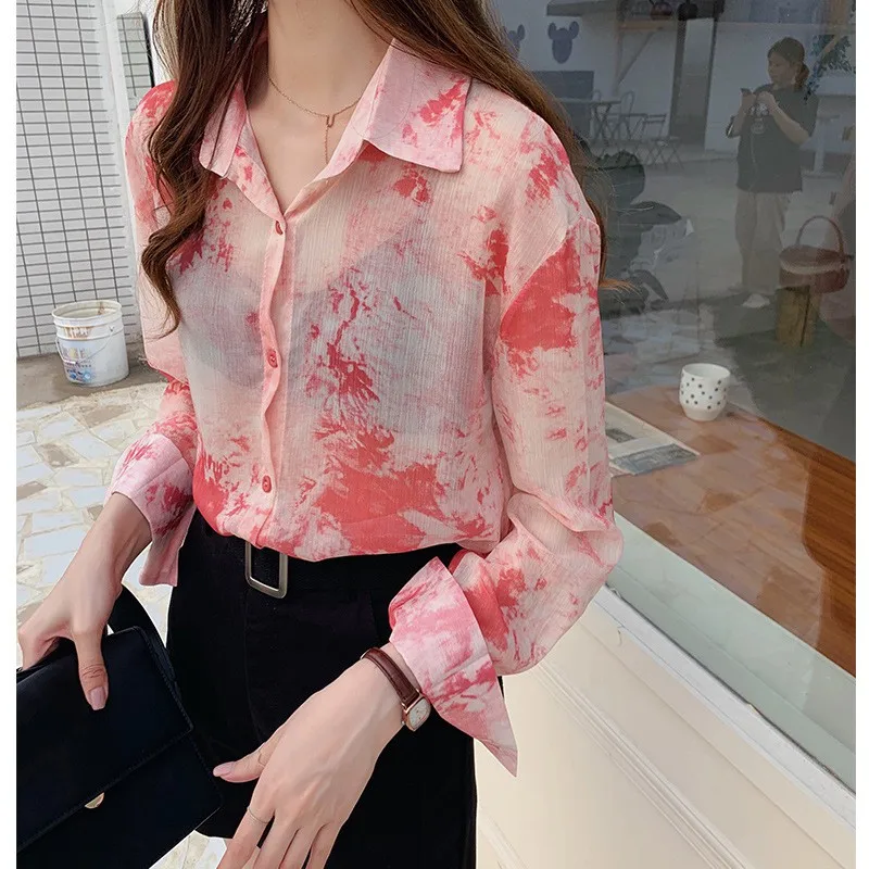 

2019 Blouses Women Chiffon Printed Button Loose Turn-down Collar Long Sleeves Women's Tops Shirt