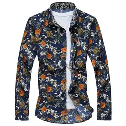 2017 Весна Мужская Повседневная рубашка, удобные асимметричный воротник цветочные рубашки с длинными рукавами, большой размер высокое