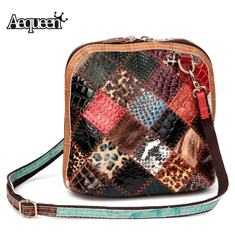 

AEQUEEN Women Shoulder Bag Genuine Leather Patchwork Vintage Flower Shell Crossbody Messenger Bags Random Color