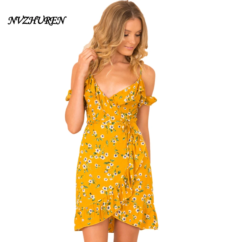 NVZHUREN Spaghetti Strap V Neck Summer Dresses For Women Brand Design Print Dress With Sashes Ladies Cute Off Shoulder | Женская одежда