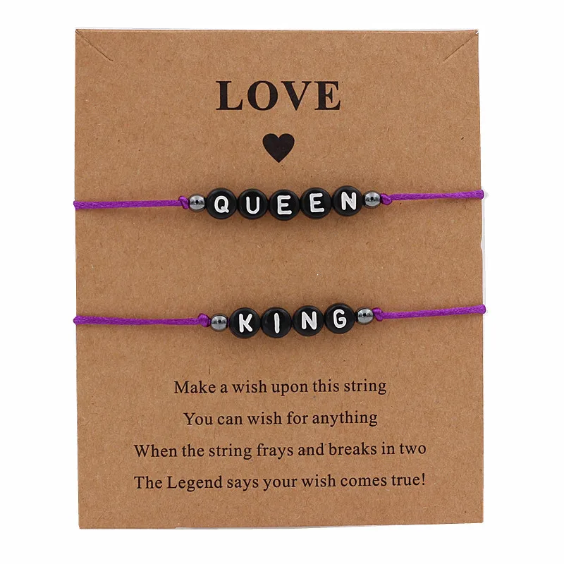 Алфавит король и королева пара браслет черный цвет ручной работы ювелирные изделия узел Веревка Регулируемая струна счастливый браслет для женщин - Окраска металла: JDSL301-purple