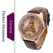 Luxury Eiffel Tower Pattern Gold Case PU Leather Strap Women Dress Watch Quartz Wrist Fashion Casual Ladies Watches Clock Hours