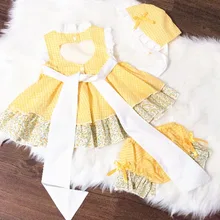 Комплект из 3 предметов, весенне-летнее винтажное испанское платье для девочек бальное платье принцессы с помпоном клетчатое маленькое цветочное вечернее платье Лолита для девочек