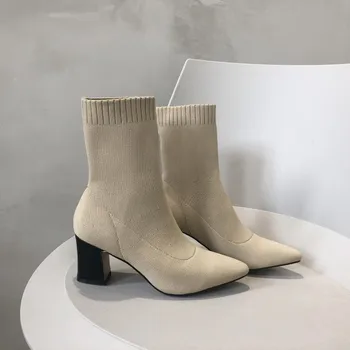 

GPOKHDS 2020 women ankle boots knitting black color autumn spring pointed toe high heels female socks boots party dress size 40
