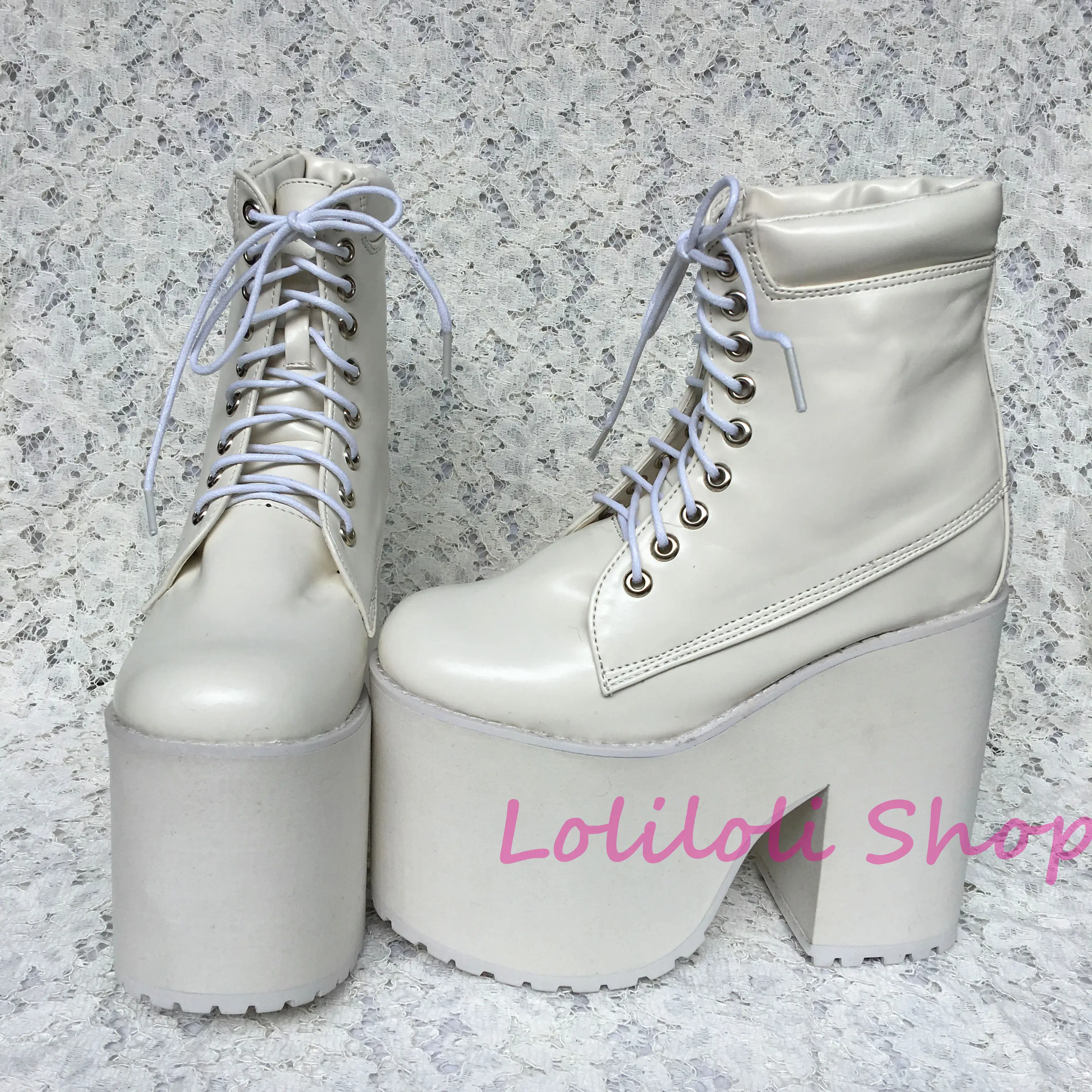 Personalizado blanco Tacón Lolita Botas Dulce Brillante 5195n Cruz Japonés Piel Lolilloliyoyo Cordón Grueso Blanco Zapatos Multiple Antaina Diseño Princesa U06nW6